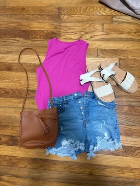 Hot Pink Ribbed Bodysuit Size Medium Sleeveless High Neck Tank